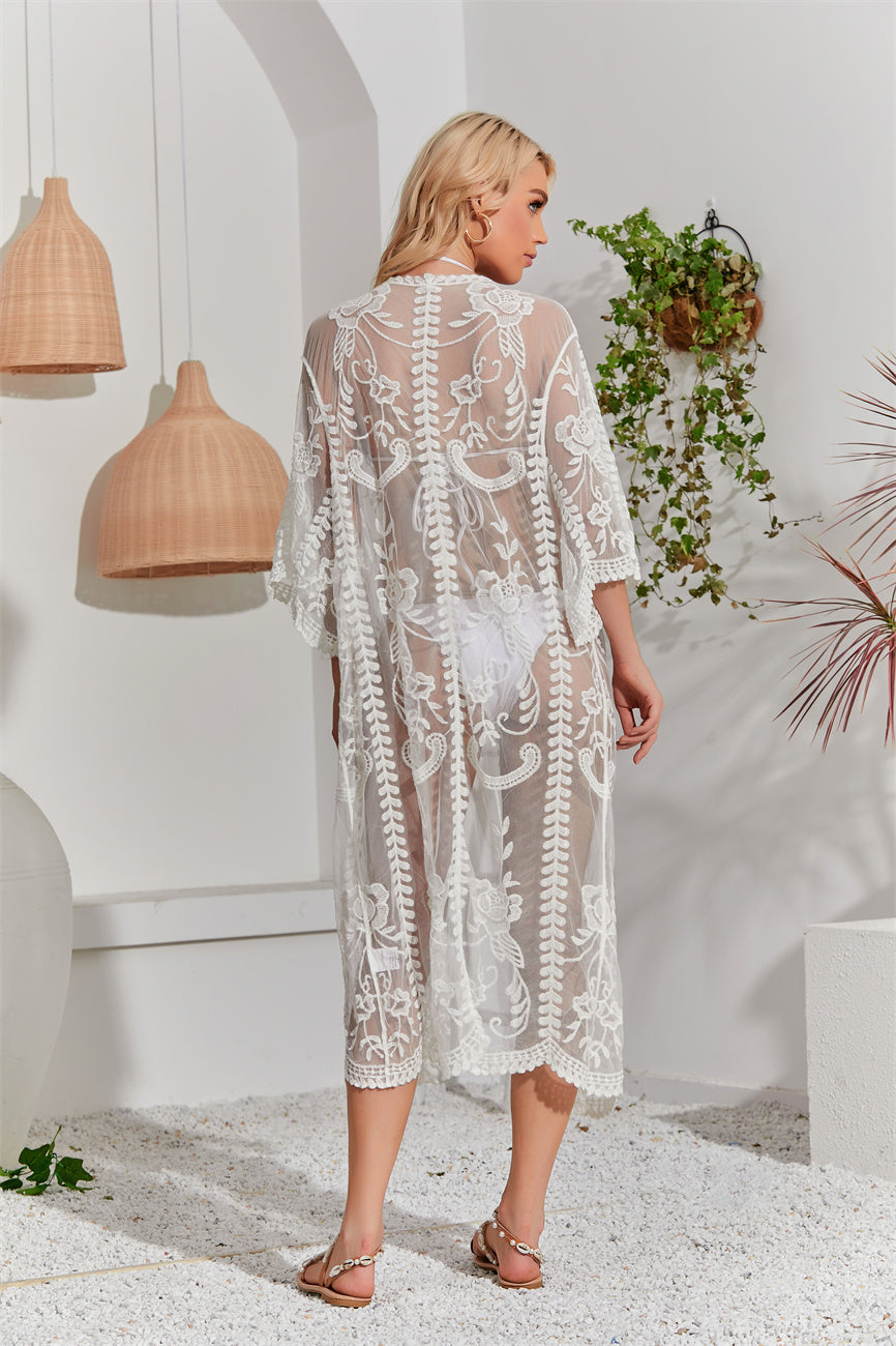 Floral Embroidered Lace Beach Cover Up, Open Front Sun Protection Cardigan, Bikini Outerwear