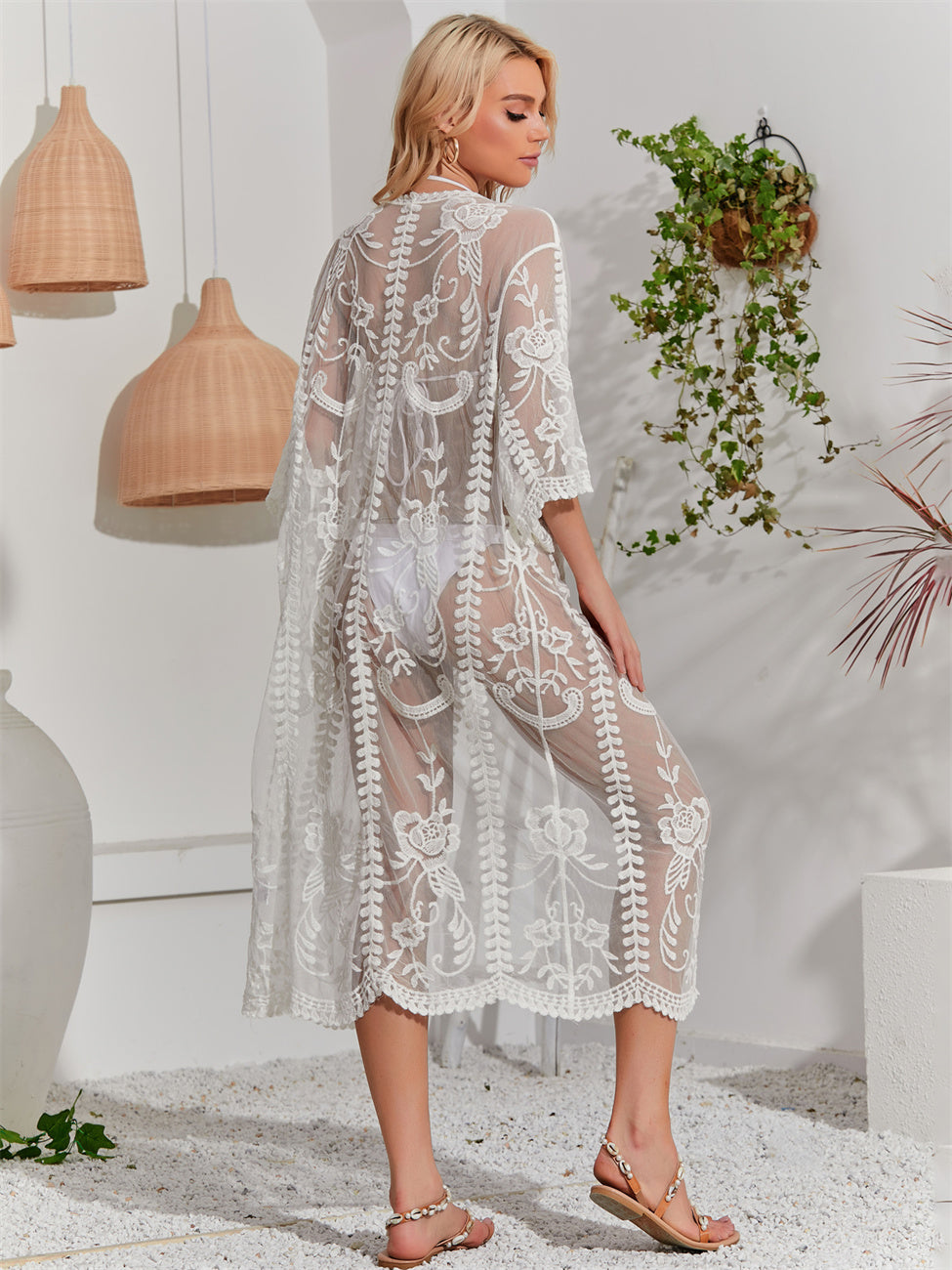 Floral Embroidered Lace Beach Cover Up, Open Front Sun Protection Cardigan, Bikini Outerwear